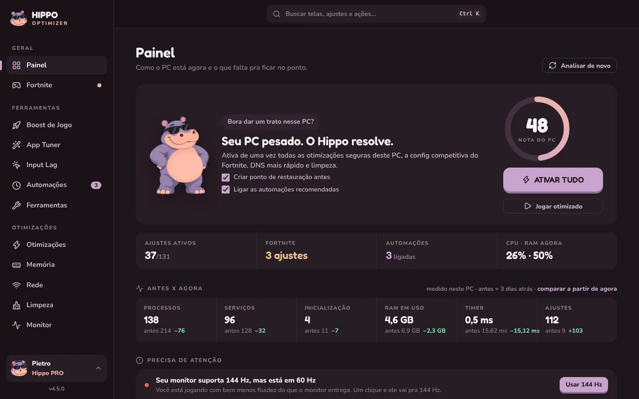 Painel do Hippo Optimizer com o botão Ativar tudo